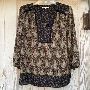 DR2 By Daniel Rainn Tunic Top Women's Size Small Brown and Green Paisley Print